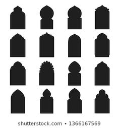 the silhouettes of islamic tombstones are shown in black and white, with different shapes