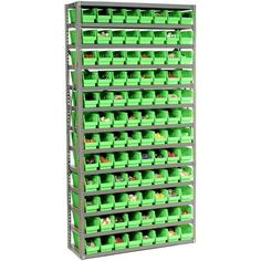 a metal shelving unit with green bins