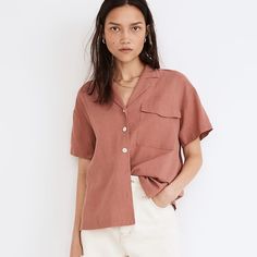 Nwt Madewell Linen Blend Camp Shirt. Clay Terracotta Pink Color With Cream Buttons. Short Sleeve Button Down Shirt. Linen/Viscose Blend. Summer 2022. Size Xl Brand New With Tags Terracotta Pink, Boyfriend Plaid Shirt, Puff Sleeves Blouse, Clay Terracotta, Floral Chiffon Top, Camp Shirts, Madewell Flannel, Embroidered Cotton Top, Madewell Blouse