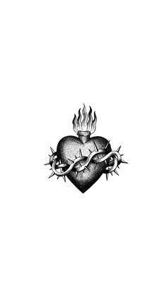 a black and white drawing of a heart with barbed wire