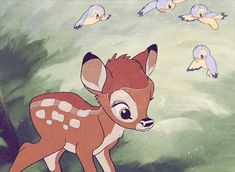 a painting of a baby deer surrounded by birds