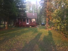 a house in the woods with trees surrounding it