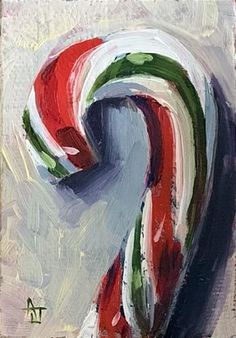 an abstract painting with red, white and green candy canes on it's surface