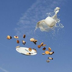 a white plate with nuts falling from it into the air