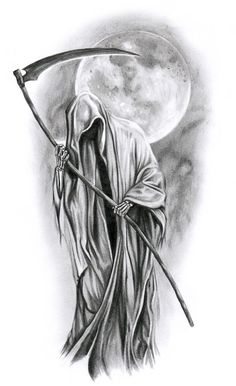 a black and white drawing of a grime holding a sceptacle in front of a full moon