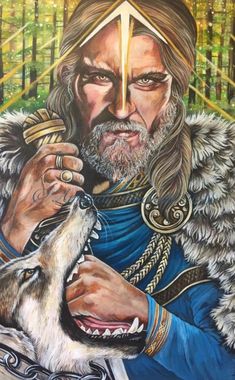 a painting of a man holding a wolf