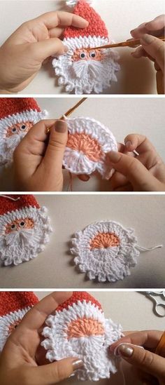 crocheted santa hat being worked on by someone using scissors and yarn to make it