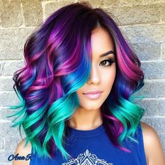 Vivid Fall Hair Color Ideas, Shine Line Hair Color, Black Hair With Rainbow Highlights, Fall Vivid Hair Color, Metallic Hair Dye, Unique Hair Color, Exotic Hair Color, Funky Hair Colors, Blue Hair Highlights