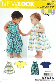 two children's and baby's clothing sewing patterns, one is wearing a dress with