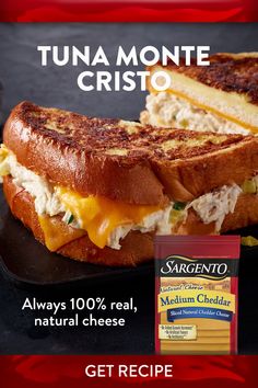 a sandwich with cheese and meat on it is featured in this ad for sarento