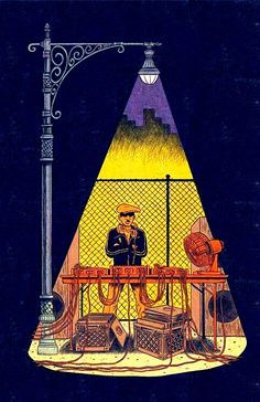 an illustration of a man sitting at a table under a street light in front of a lamp post