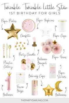 A collage of pink and gold twinkle twinkle little star first birthday party supplies and decorations for a girl. Star One Year Old Birthday, 1st Birthday Pink And Gold Theme, Blush Pink 1st Birthday Party, Star Theme 1st Birthday Party, Star Moon Birthday Theme, Moon And Star 1st Birthday Theme, Birthday Party Stars Theme, New Years Eve First Birthday Party Girl, Star Themed First Birthday Party