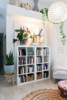a living room filled with lots of furniture and plants on top of bookshelves