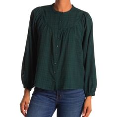 Madewell Womens Plaid Button Up Blouse Size Extra Small Green/Black Balloon Sleeve New With Tags Balloon Long Sleeve Button Up Relaxed Fit Plaid Crew Neck Casual Career Size: Extra Small - Pit To Pit 15.5", Sleeve Length 16", Length 24" Color: Green/Black 60% Cotton, 40% Viscose N5546 Black Balloon, Madewell Flannel, Madewell Blouse, Madewell Shirts, Peasant Shirt, Balloon Sleeve Top, Popover Shirt, Tie Neck Tops, Front Tie Shirt