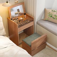 a bedroom with a vanity and stool in it