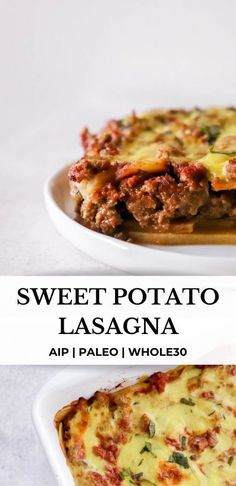 two plates with lasagna on them and the words sweet potato lasagna above it