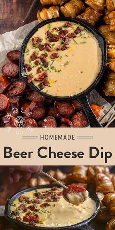homemade beer cheese dip with sausages and pretzels on the side, in a cast iron skillet