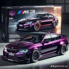 a purple car is shown in front of a box