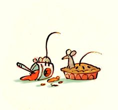 two cartoon mice are eating food out of a pie pan and one is on the ground