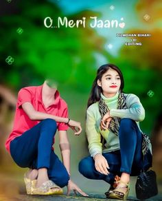 two young women sitting on the ground in front of a green and yellow background with words that say o meri jaani