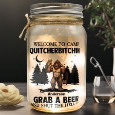 Bigfoot Welcome To Camp Quitcherbitchins Camping - Personalized Mason Jar Light Rv Porch, Campsite Lighting, Camp Lantern, Tequila Soda, Mason Jar Light, Personalized Mason Jars, Picture Frame Light, Mason Jar Cups, Memorial Benches