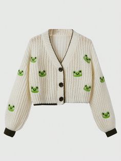 Multicolor Casual Collar Long Sleeve Knitwear Fruit&Vegetable  Embellished Slight Stretch  Women Plus Clothing Áo Len Cardigan, Romwe Sweater, Crochet Kawaii, Frog Pattern, Cream Knit Cardigan, Granny Square Crochet Patterns, Cream Colored Sweater, Plus Size Cardigans, Sweater Oversize