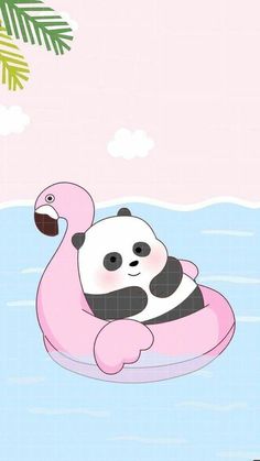 a panda bear floating on an inflatable flamingo