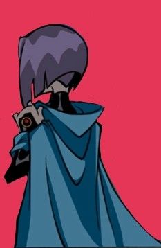 a cartoon character wearing a blue cape and holding a camera in one hand, looking into the distance