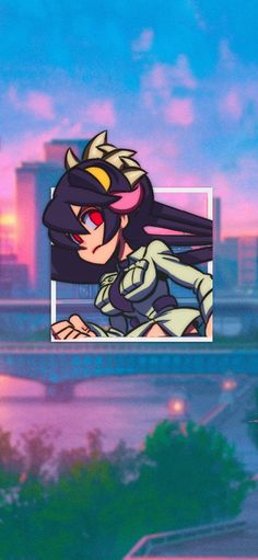 an anime character with long hair and red eyes in front of a cityscape