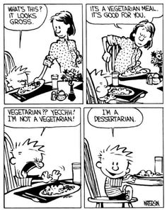 a comic strip with the words vegetarian and an image of a child at a dinner table