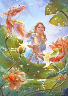 a painting of a girl floating in the water surrounded by fish