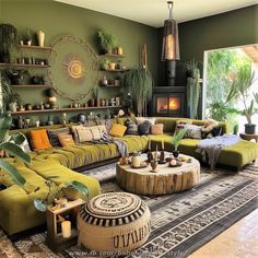 a living room filled with lots of green furniture and plants on top of the walls