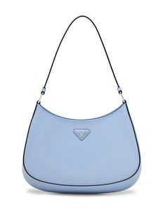 Cleo shoulder bag from PRADA featuring leather, enamel triangle logo, single shoulder strap, top zip fastening and dusty blue. Blue Bags Aesthetic, Farfetch Bags, Prada Blue Bag, Blue Designer Bag, Blue Prada Bag, Blue Wishlist, Blue Purses, Cute Shoulder Bags