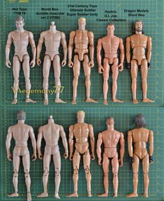 six different male action figures on a green cutting board with words below them that read,