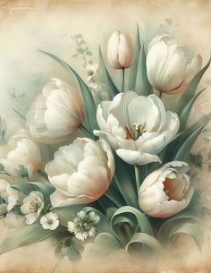 a painting of white tulips and other flowers