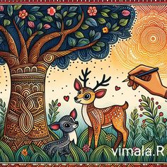 an image of a painting with animals and trees in the background that says vimala rama