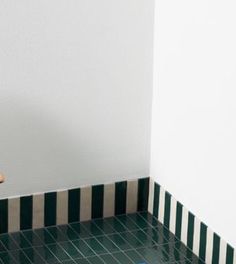 a bathroom with green and white tiles on the floor, toilet paper roll in the corner