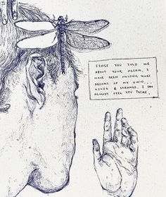 a drawing of a man's head with a dragonfly on his forehead and hand next to him