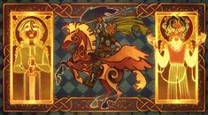 an image of two people riding on a horse in the middle of a room with gold trimmings