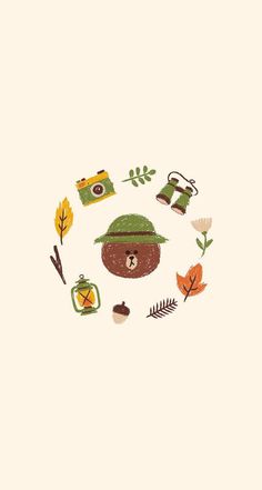 an animal wearing a hat surrounded by leaves and other things in the shape of a circle