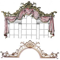 an ornate window with pink curtains and gold trimmings on the top, bottom and bottom