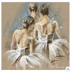 two ballerinas in white tutus looking at each other with their backs to the camera