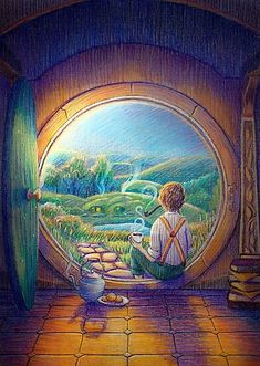 a drawing of a person sitting on the ground in front of an open window looking at a green valley