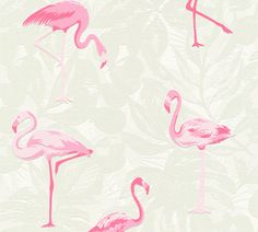 pink flamingos and tropical leaves on a light green wallpaper pattern with white background