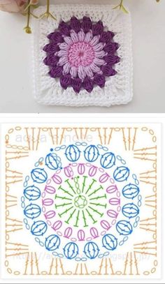 crocheted doily with flowers in the middle and an image of a flower on top