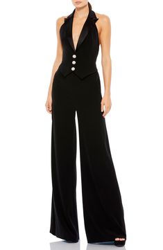 Free shipping and returns on Plunge Neck Tuxedo Jumpsuit at Nordstrom.com. An elegant departure from your usual party look, this halter jumpsuit features the satin lapels of a tuxedo with bedazzled buttons and a figure-hugging fit. Jumpsuit Ideas, Mac Duggal Dress, Tuxedo Jumpsuit, Womens Palazzo Pants, Tuxedo Women, Formal Jumpsuit, Spaghetti Strap Jumpsuits, Pleated Jumpsuit, Coverall Jumpsuit