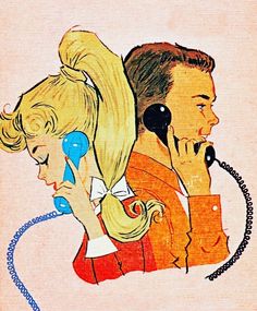 a drawing of a man and woman talking on telephones, one holding the phone up to her ear