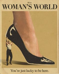 an advertisement for women's world featuring a man holding up a woman's shoe