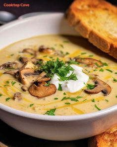 a bowl of soup with mushrooms and sour cream