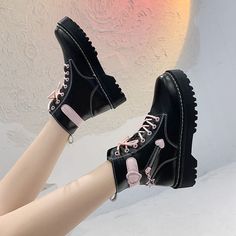 Black Egirl, Black Velvet Shoes, Japanese Korean Fashion, Pink Platforms, Kawaii Pink, Punk Boots, Kawaii Shoes, High Top Boots, Japanese Kawaii